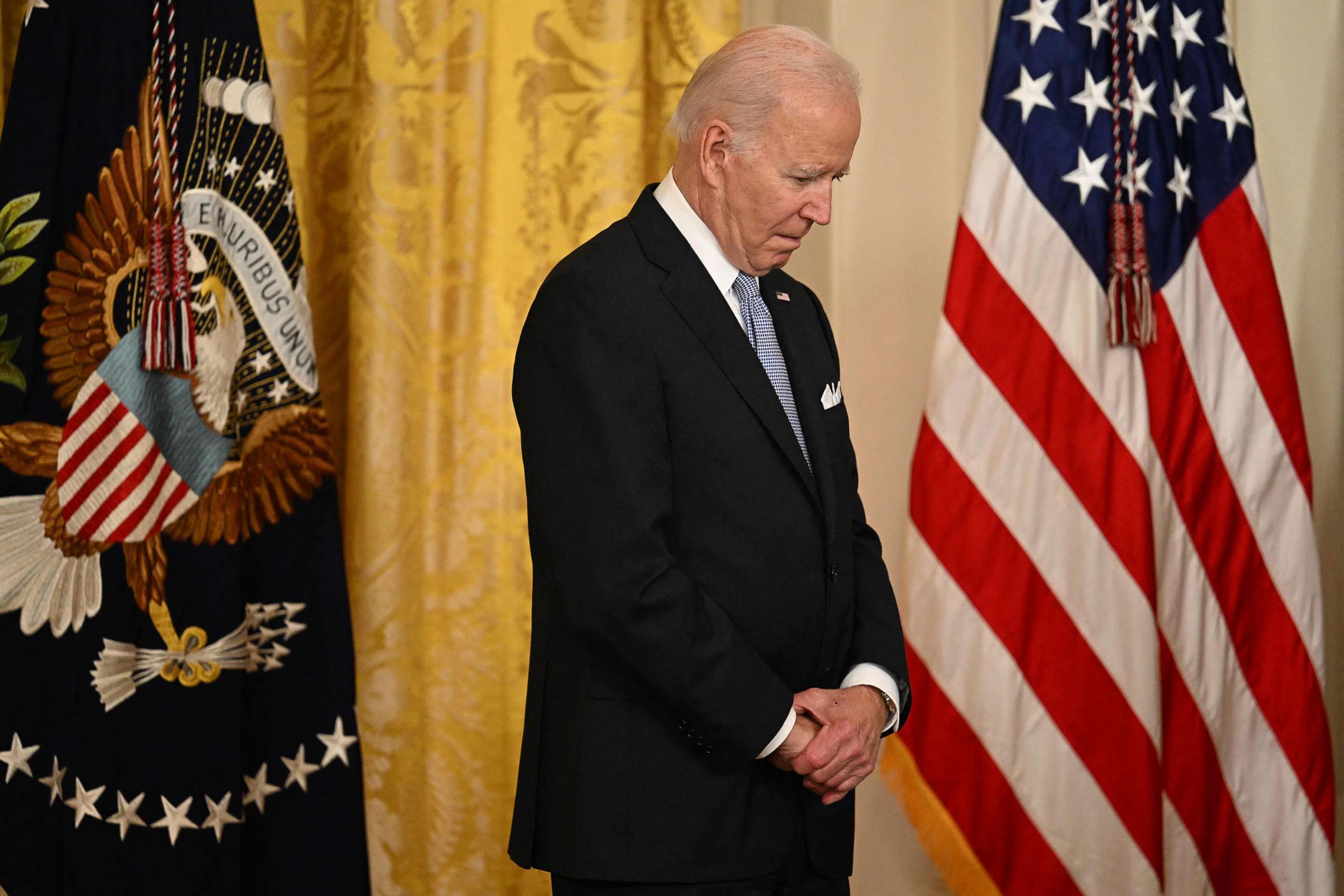 PHOTO: President Joe Biden looks on prior to a signing ceremony in the East Room of the White House, May 25, 2022. 