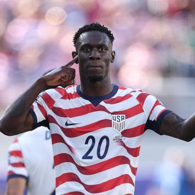 Folarin Balogun #20 of the United States celebrates scoring his team's first goal during the FIFA World Cup 2026 Round of 32 match between USA and Bosnia and Herzegovina at San Francisco Bay Area Stadium on July 1, 2026, in Santa Clara, California. 