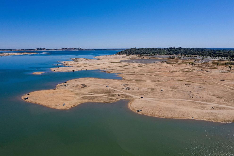 PHOTO: People on Folsom Lake during a drought in Granite Bay, Calif., May 25, 2021.