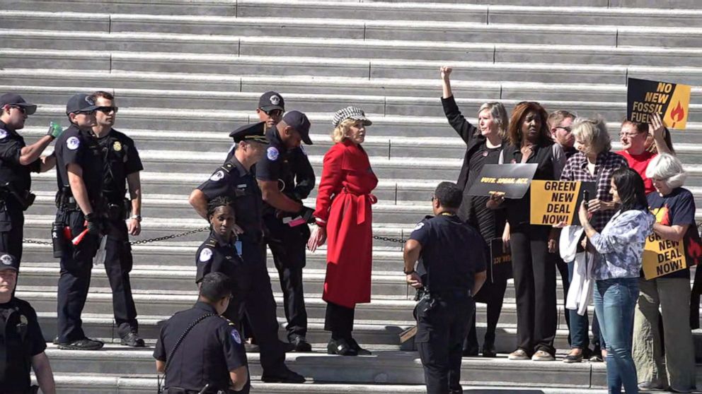 PHOTO: Jane Fonda is arrested while participating in climate change protest at the U.S. Capitol, Oct. 11, 2019, in Washington, D.C.