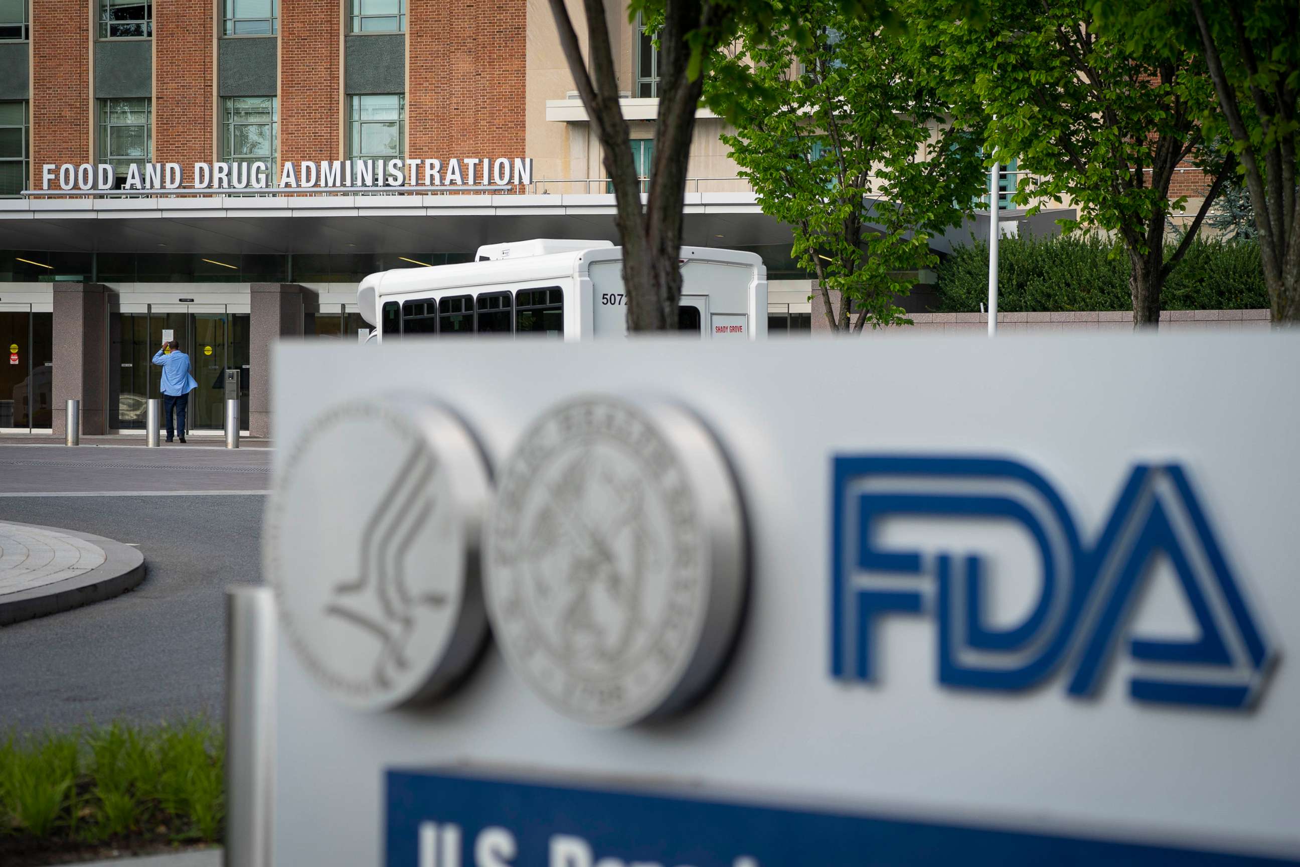 PHOTO: A sign for the Food And Drug Administration marks the entrance to the headquarters in White Oak, Md., July 20, 2020.