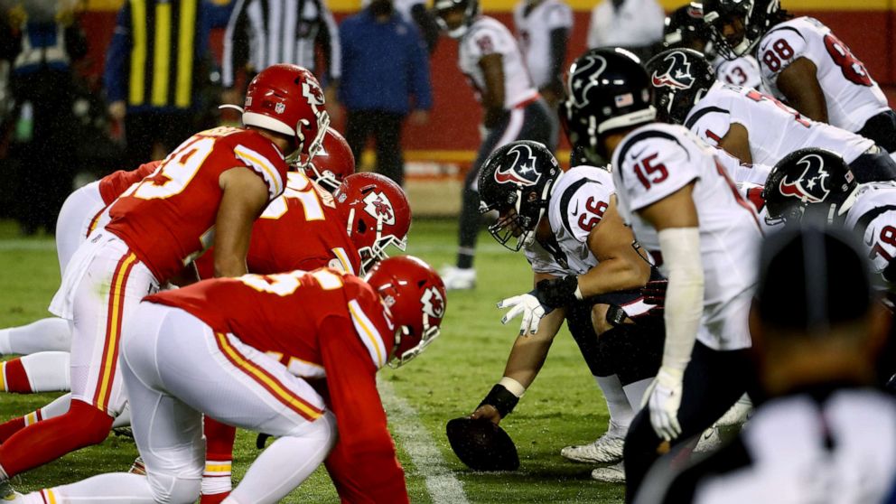 PHOTO: The Houston Texans line up against the Kansas City Chiefs during the fourth quarter at Arrowhead Stadium, Sept. 10, 2020, in Kansas City, Mo. 