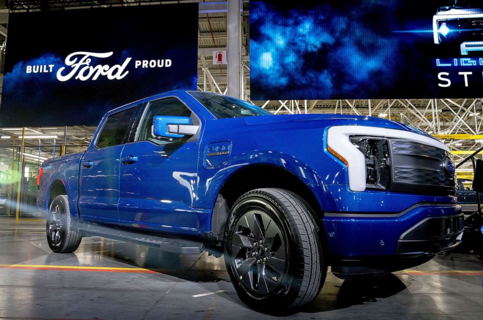 PHOTO: The Ford F-150 Lightning pickup is pictured after the Ford F-150 Lightning pickup launch at the Rouge Electric Vehicle Center in Dearborn, Mich., on April 26, 2022.