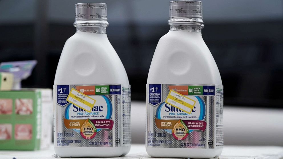 PHOTO: Bottles of Similac Pro-Advance infant formula are displayed at a give-away of food and baby formula amid continuing nationwide shortages in infant and toddler formula, in San Diego, Calif., May 25, 2022.