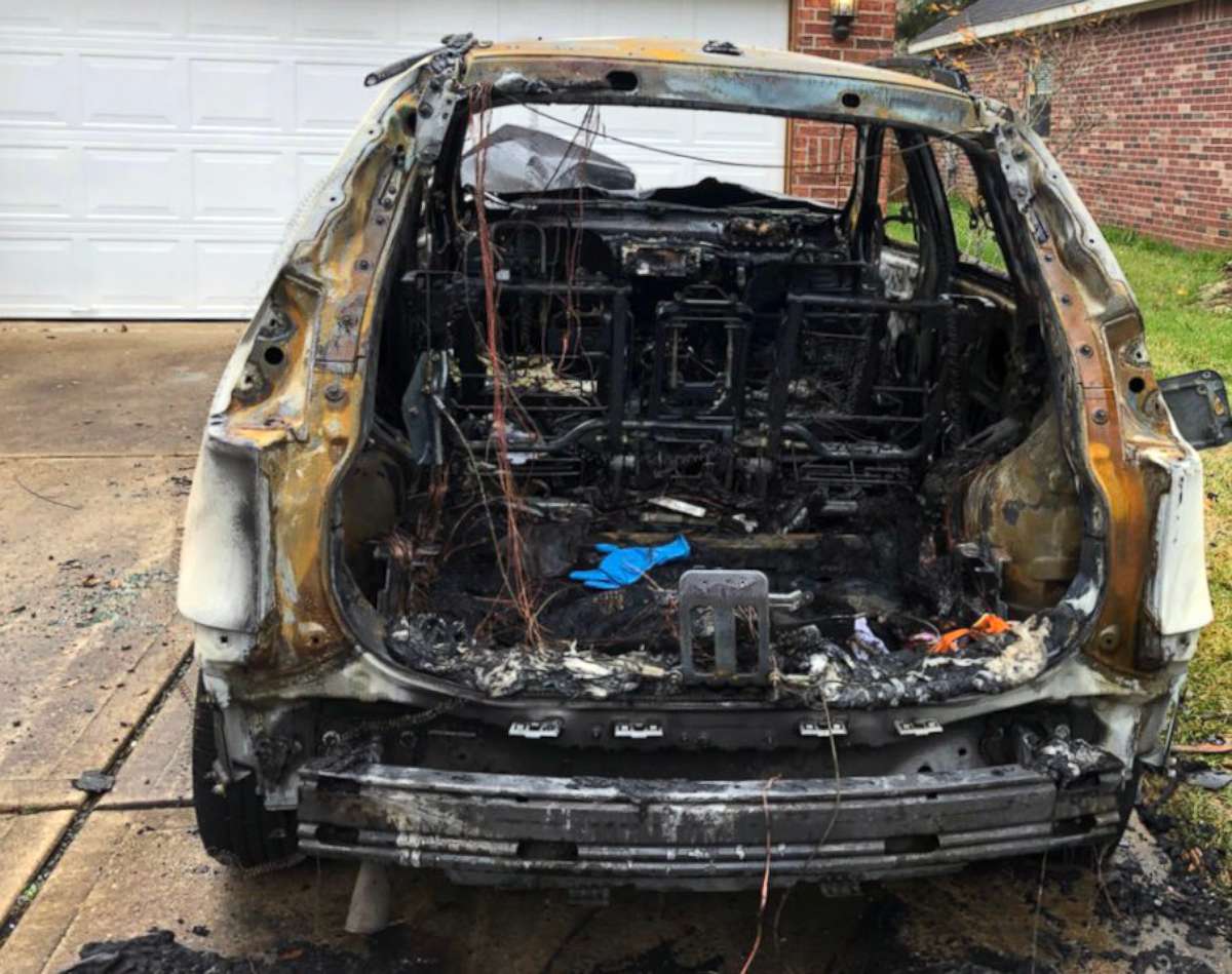 PHOTO: An image released by the Fort Bend County Sheriff's Office shows a vehicle destroyed in an arson attack on the home of a sergeant with the Fort Bend County Sheriff's Office Criminal Investigation Unit.