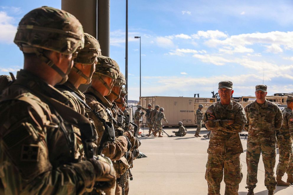 PHOTO: U.S. Army Lt. Gen. Paul E. Funk II talks to soldiers during a visit to Fort Carson, Colo., Feb. 28, 2019.