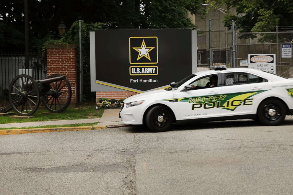 PHOTO: Military police enter the Fort Hamilton military base in Brooklyn, June 7, 2018, in New York City.