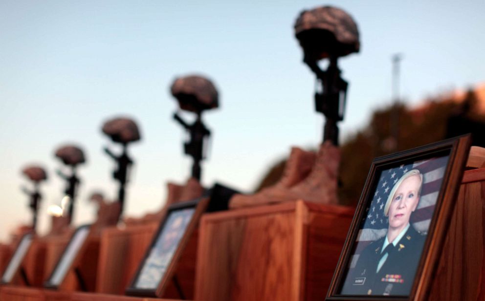 PHOTO: A memorial is set up early at Fort Hood in Killeen, Texas, on Nov. 10, 2009, for victims of an Army psychiatrist who went on a shooting rampage that killed 13 people and injured dozens.