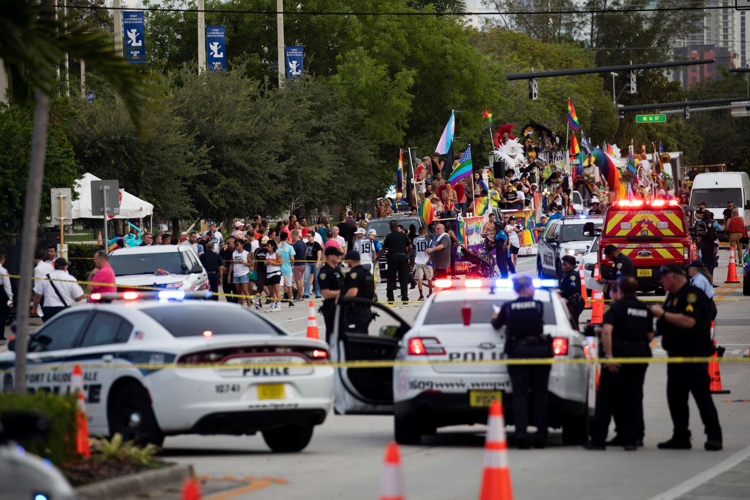 PHOTO: Police and firefighters respond after a truck drove into a crowd of people injuring them during The Stonewall Pride Parade and Street Festival in Wilton Manors, Fla., on Saturday, June 19, 2021.