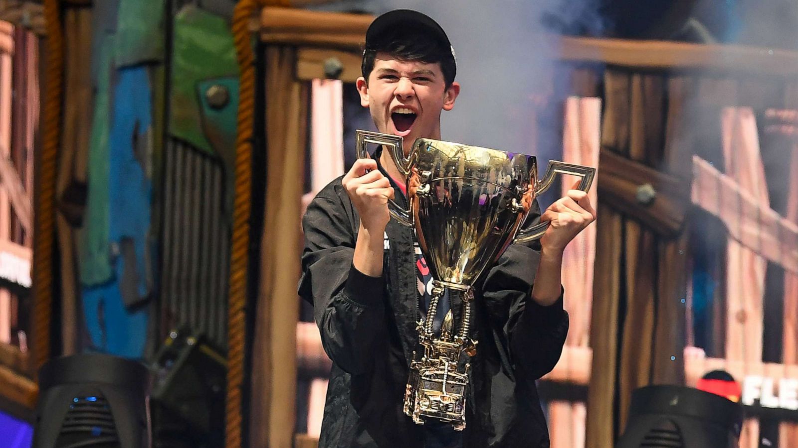 PHOTO: Kyle "Bugha" Giersdorf celebrates his win as the first solo World Champion at the Fortnite World Cup Finals event on July 28, 2019. On Saturday, he was "swatted" while livestreaming.