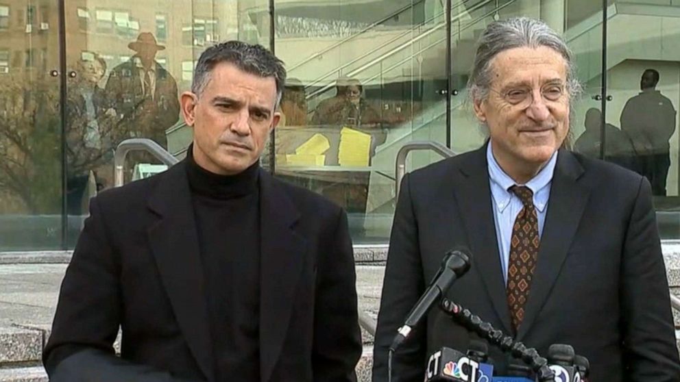 PHOTO: Fotis Dulos stands next to his lawyer, Norm Pattis, while Pattis makes a statement to the press outside court in Stamford, Conn., Jan. 23, 2020.