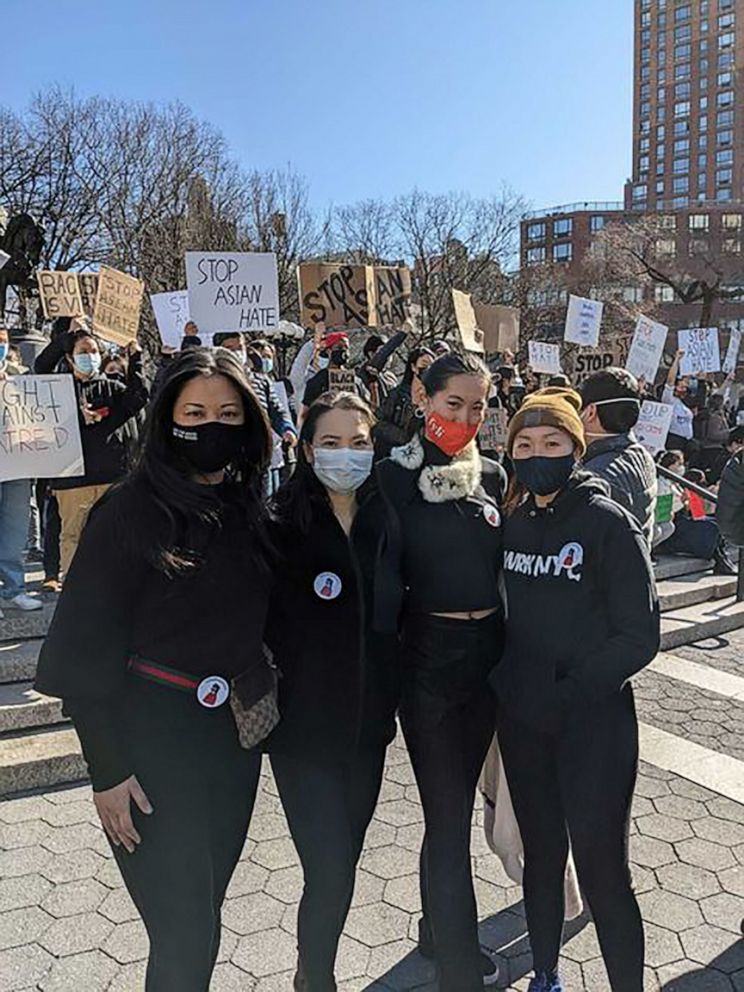 PHOTO: Lisa Sun, Angela Right, Summer Li, Nhu Le at AAPI rally at Union Square, NYC, March 21st, 2021.