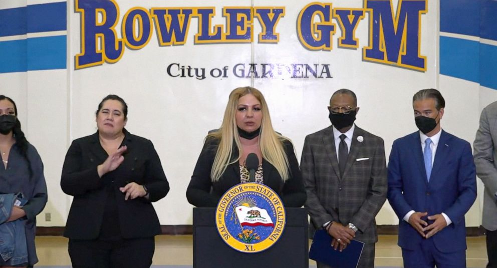 PHOTO: Ms. Fouzia Almarou, mother of Kenneth Ross Jr, speaks after Calif. Gov. Gavin Newsom signs legislation to reform policing practices and protect communities, in Gardena, Calif., Sept. 30, 2021.