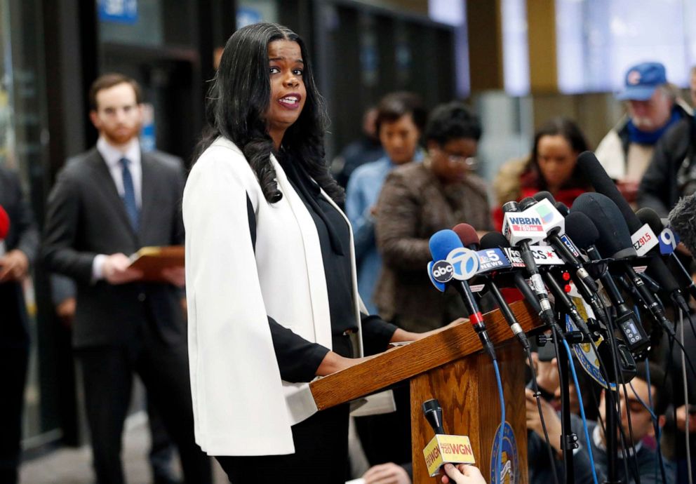 PHOTO: Cook County State's attorney Kim Foxx speaks with reporters and details the charges against R. Kelly's first court appearance at the Leighton Criminal Courthouse, Feb. 23, 2019, in Chicago, Illinois. 