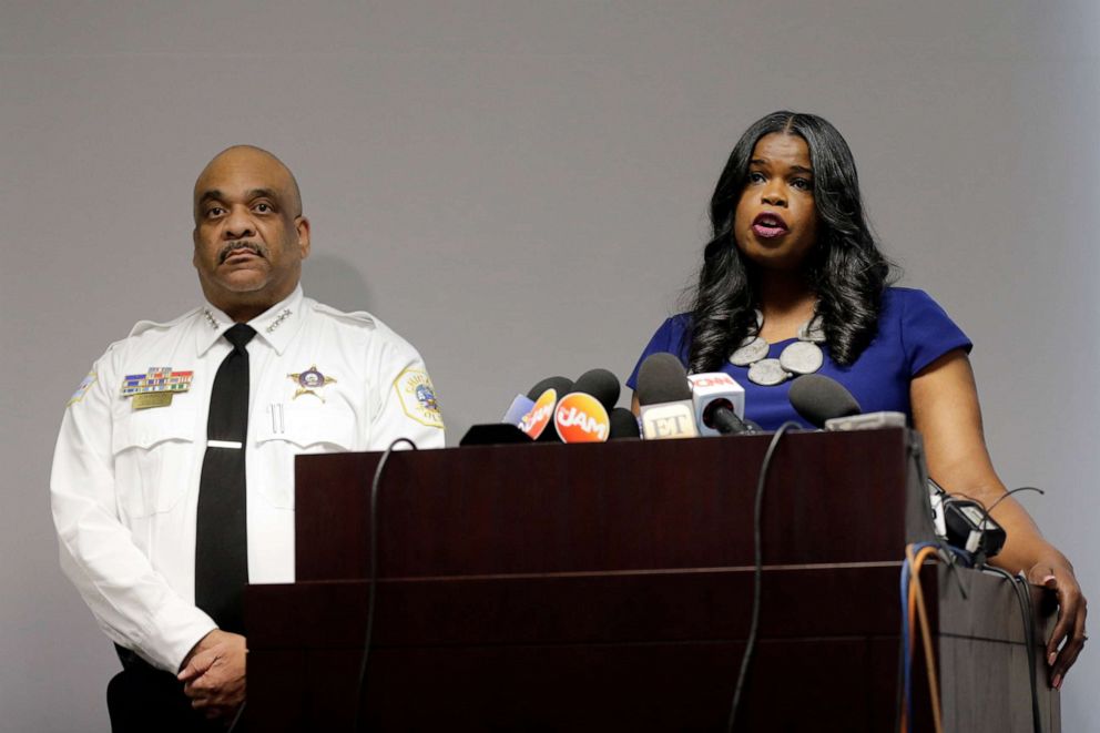 PHOTO: Cook County State's Attorney Kim Foxx, right, speaks at a news conference as Chicago Police Superintendent Eddie Johnson listens in Chicago, Feb. 22, 2019.