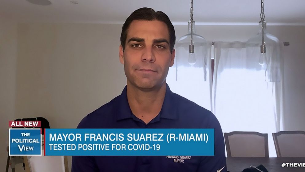 PHOTO: Miami Mayor Francis Suarez shares about his life in quarantine testing positive for COVID-19 via satellite on "The View," March 20, 2020.