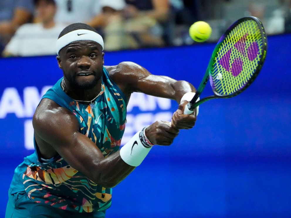 PHOTO: Frances Tiafoe hits to Ben Shelton during their quarterfinal match at the U.S. Open in New York City, Sept. 5, 2023.