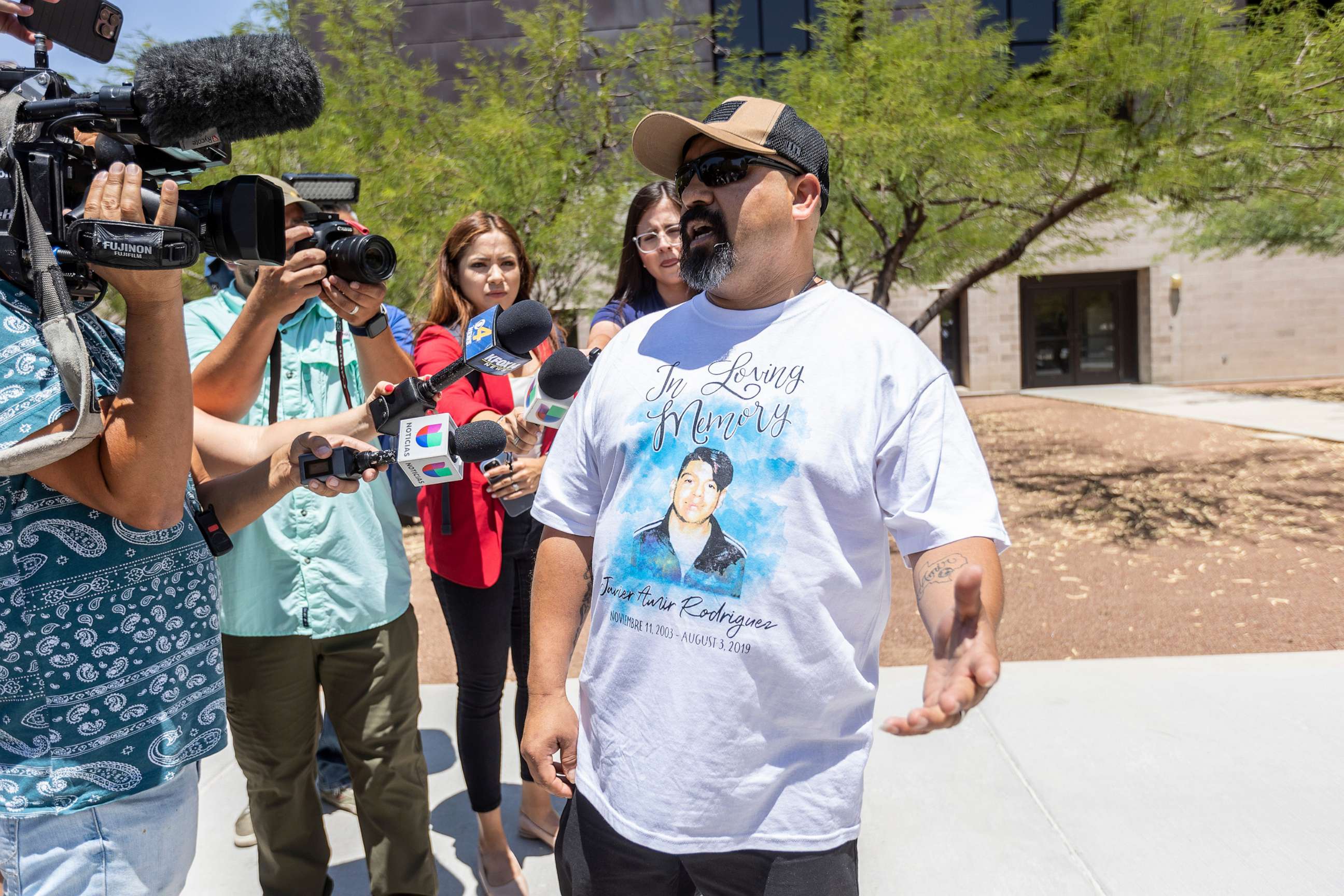 PHOTO: Francisco Javier Rodriguez, father of El Paso Walmart shooting victim Javier Amir Rodriguez, speaks to the medianat the Albert Armendariz Federal Courthouse during sentencing for the shooter on July 6, 2023, in El Paso, Texas.