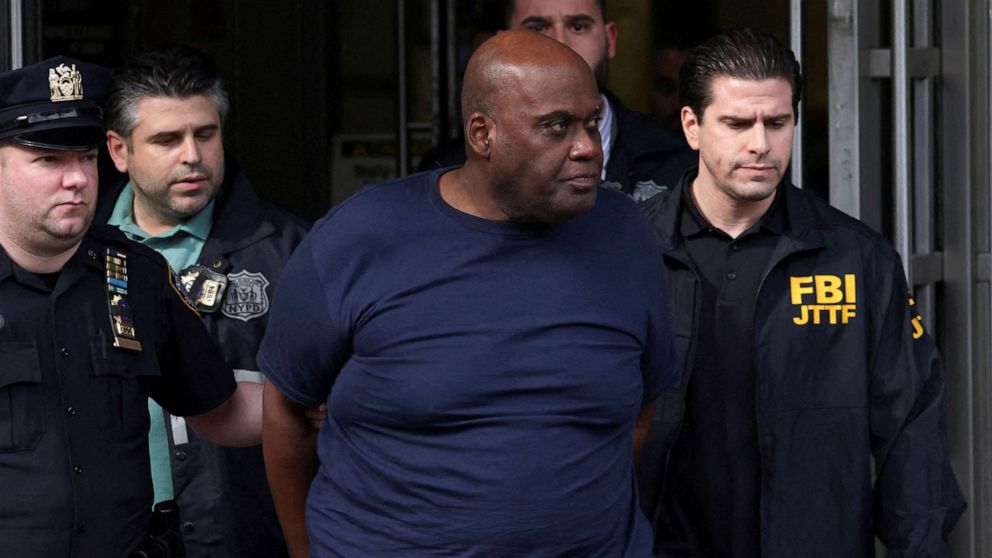 PHOTO: Frank James, the suspect in the Brooklyn subway shooting walks outside a police precinct in New York, on April 13, 2022.
