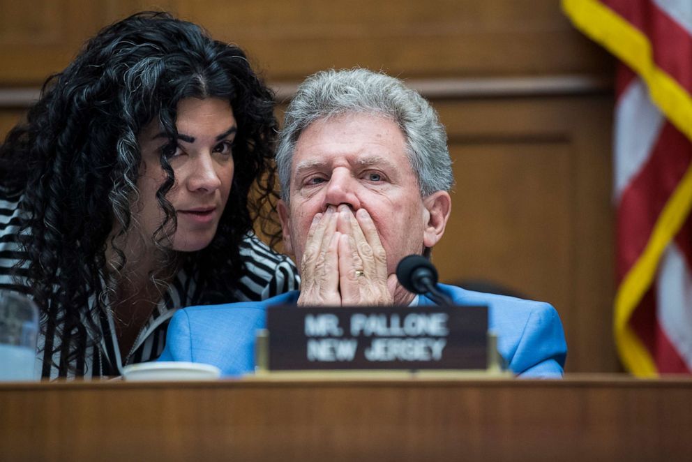 PHOTO: Frank Pallone talks with an aide during a House Energy and Commerce Subcommittee on Health markup, July 11, 2019.