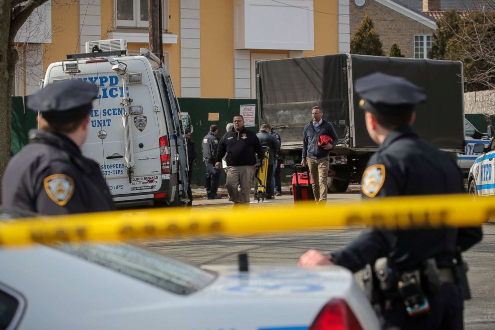 PHOTO: New York City Police officers investigate the scene where reported New York Mafia Gambino family crime boss Francesco "Franky Boy" Cali was killed outside his home in the Staten Island borough of New York, March 14, 2019.