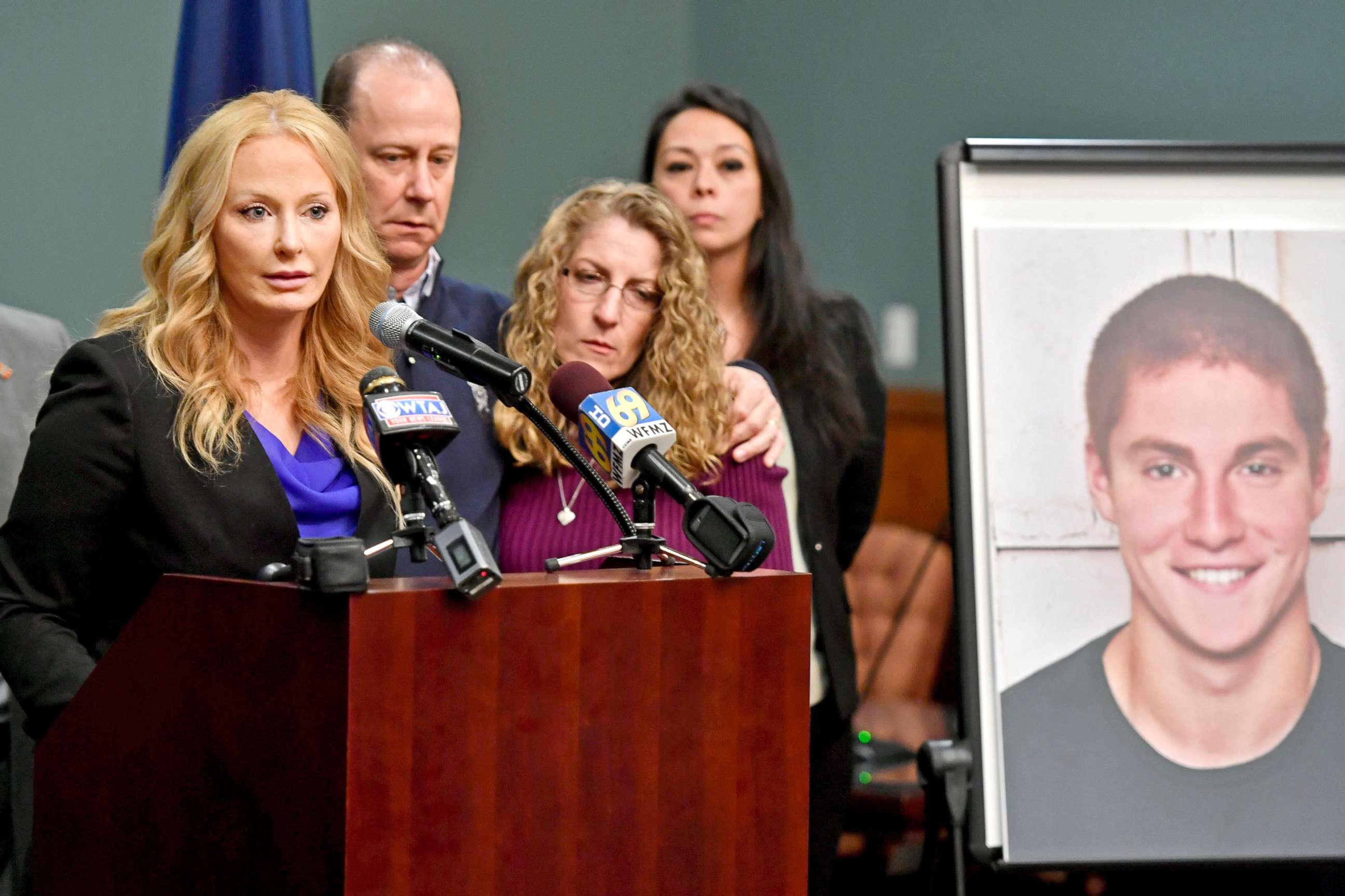 PHOTO: District Attorney Stacy Parks Miller (L) announces the findings of an investigation into the death of Penn State University fraternity pledge Tim Piazza during a news conference, May 5, 2017, in Bellefonte, Pa. 