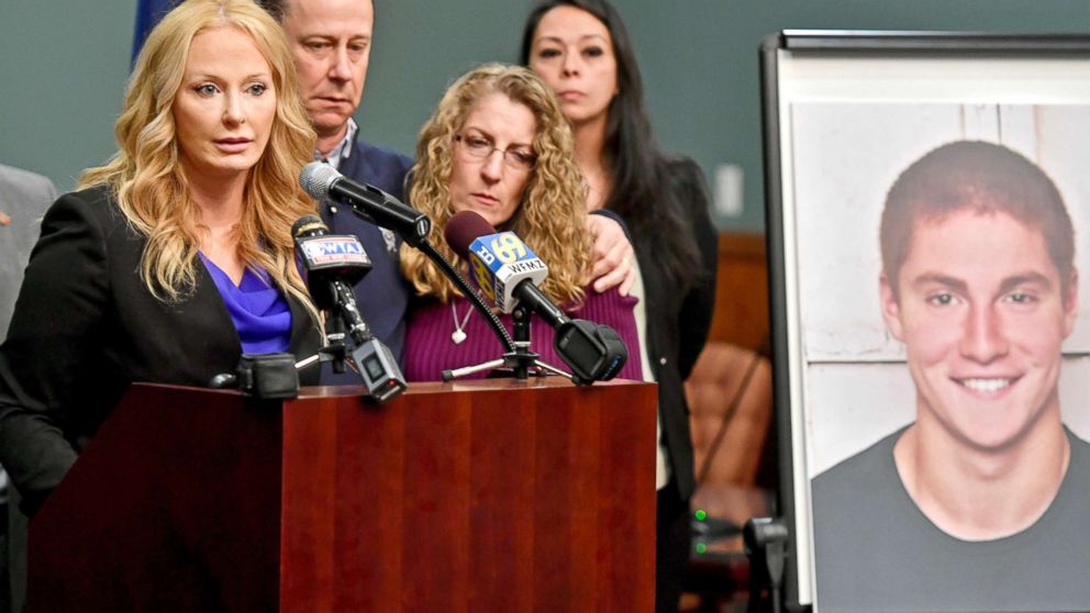 PHOTO: District Attorney Stacy Parks Miller (L) announces the findings of an investigation into the death of Penn State University fraternity pledge Tim Piazza during a news conference, May 5, 2017, in Bellefonte, Pa. 