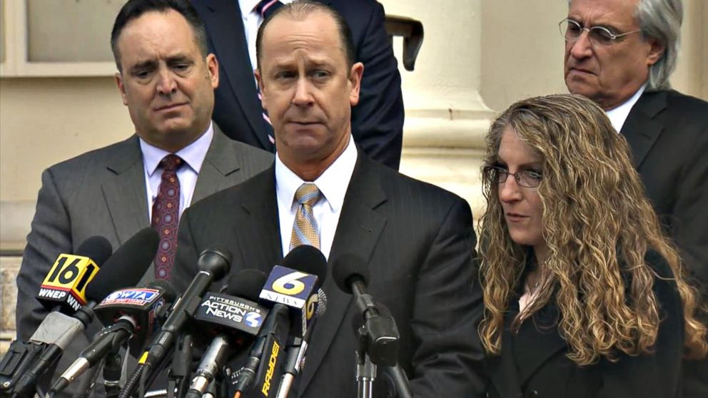 PHOTO: Jim Piazza addressed the media with his wife Evelyn Piazza and Pennsylvania Senate Majority Leader Jake Corman, left, on March 23, 2018, in Bellefonte, Pa.