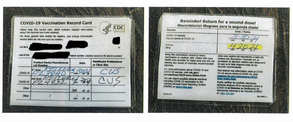 PHOTO: The Alcohol Beverage Control agency has released images of fraudelent Covid-19 vaccination cards that were allegedly being sold at the the Old Corner Saloon in Clements, Calif.