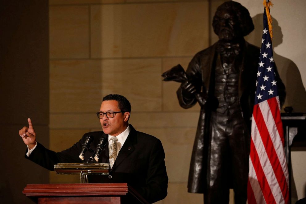 PHOTO: In this Feb. 14, 2018, file photo, Kenneth Morris, Jr., a descendant of Frederick Douglass, speaks at an event honoring the bicentennial of Frederick Douglass' birth on Capitol Hill in Washington, D.C.