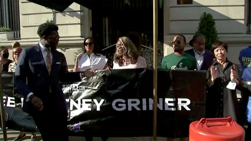 PHOTO: Family and friends hold a vigil for Brittney Griner outside Russian Consulate in New York, June 29, 2022.
