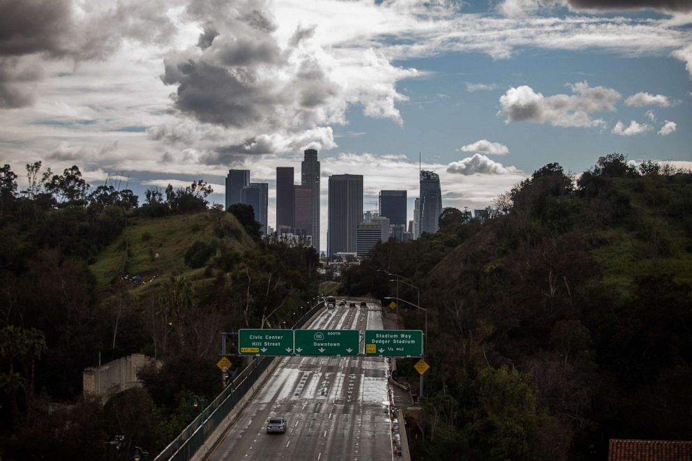 PHOTO: The Freeway 110 is pictured with downtown Los Angeles, California, on March 19, 2020.