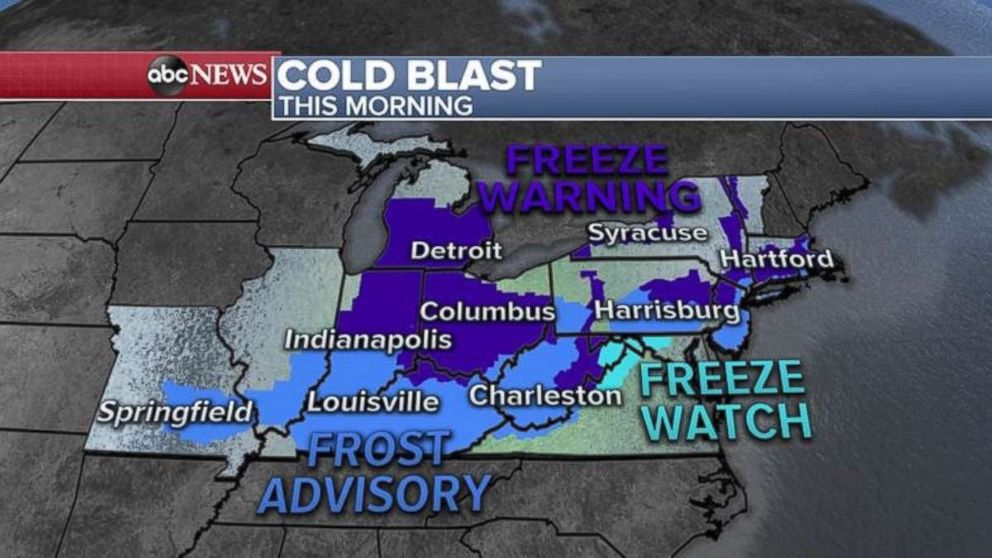 PHOTO: Freeze watches and warnings and frost advisories are in place for 17 states in the Midwest and Northeast on Thursday morning.