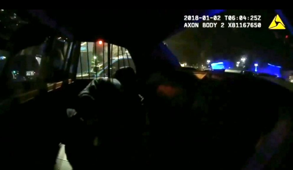 PHOTO: Bodycam footage shows officer Daniel Elzey "freezing out" a 13-year-old boy in a squad car in January. 