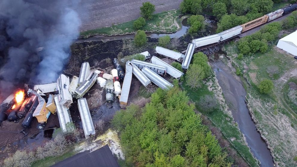 PHOTO: Fire is seen on a Union Pacific train carrying hazardous material that has derailed in Sibley, Iowa, U.S., in this still frame obtained from social media drone video dated May 16, 2021. 