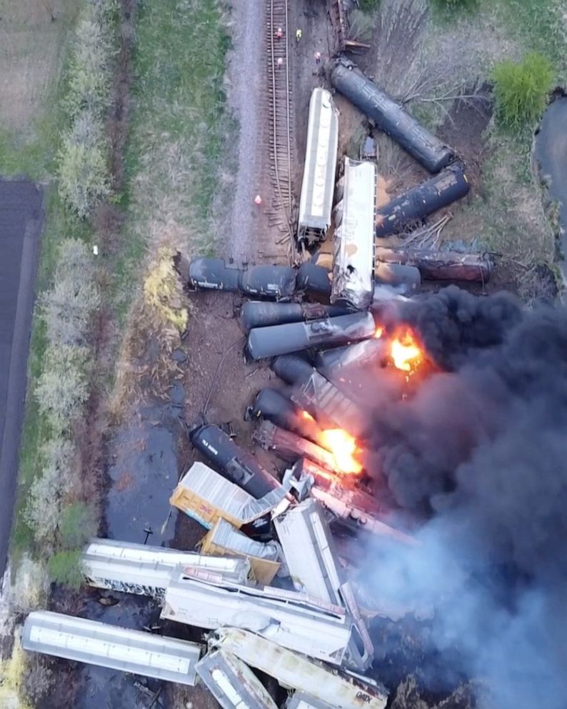 PHOTO: Fire is seen on a Union Pacific train carrying hazardous material that has derailed in Sibley, Iowa, U.S., in this still frame obtained from social media drone video dated May 16, 2021. 