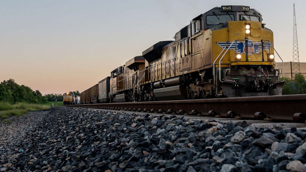 PHOTO: Freight trains travel through Houston on Sept. 14, 2022 in Houston.
