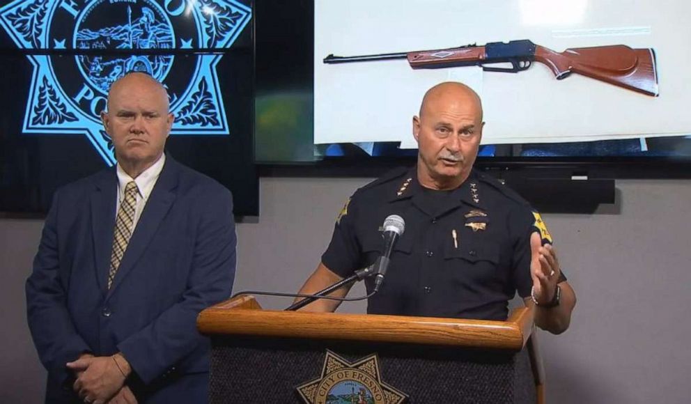 PHOTO: Fresno, Calif., Police Chief Jerry Dyer discusses the arrest of a 15-year-old girl who threatened a school shooting on Thursday, Aug. 15, 2019. A BB gun found at the teen's home is seen in the background.