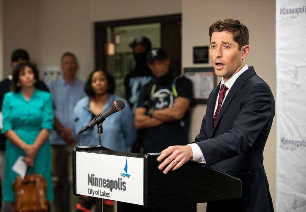 PHOTO: Jacob Frey, mayor of Minneapolis, speaks during a news conference at City Hall in Minneapolis, Minnesota, on June 3, 2021.