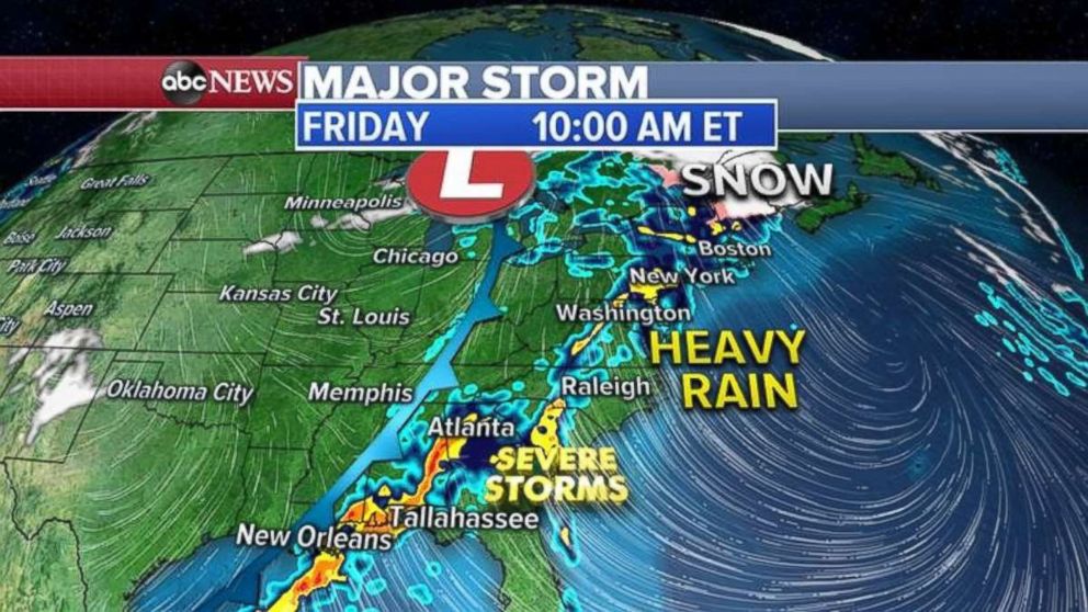 PHOTO: The severe storms will move into the Southeast by Friday morning, while the whole East Coast gets rain.