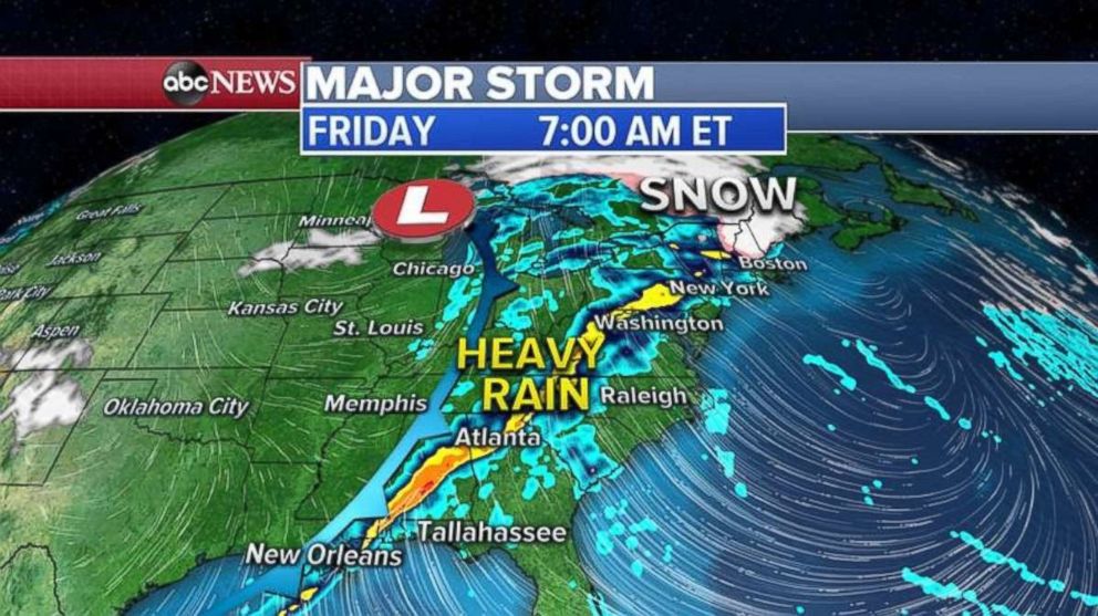 PHOTO: The rain, and snow to the north, will move into the Ohio Valley and reach north to New England overnight Thursday into Friday morning.