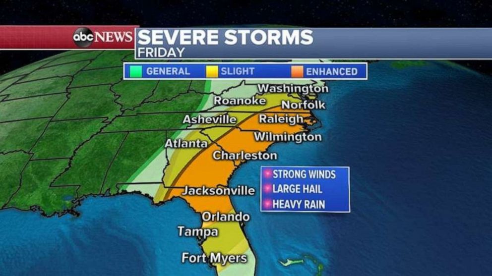 PHOTO: The threat for severe weather moves to the Southeast on Friday.