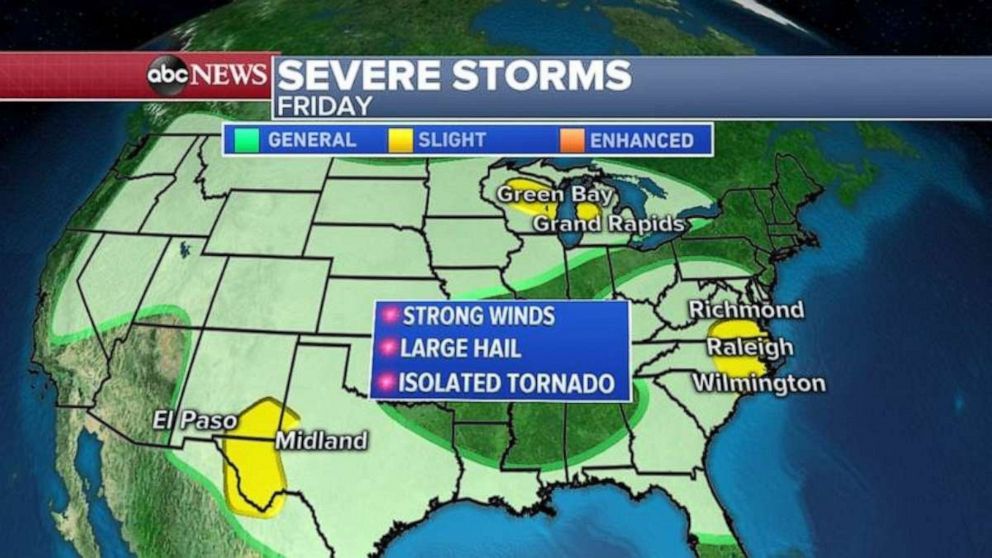 PHOTO: Severe storms are possible in western Texas, the Great Lakes and the Carolinas on Friday.