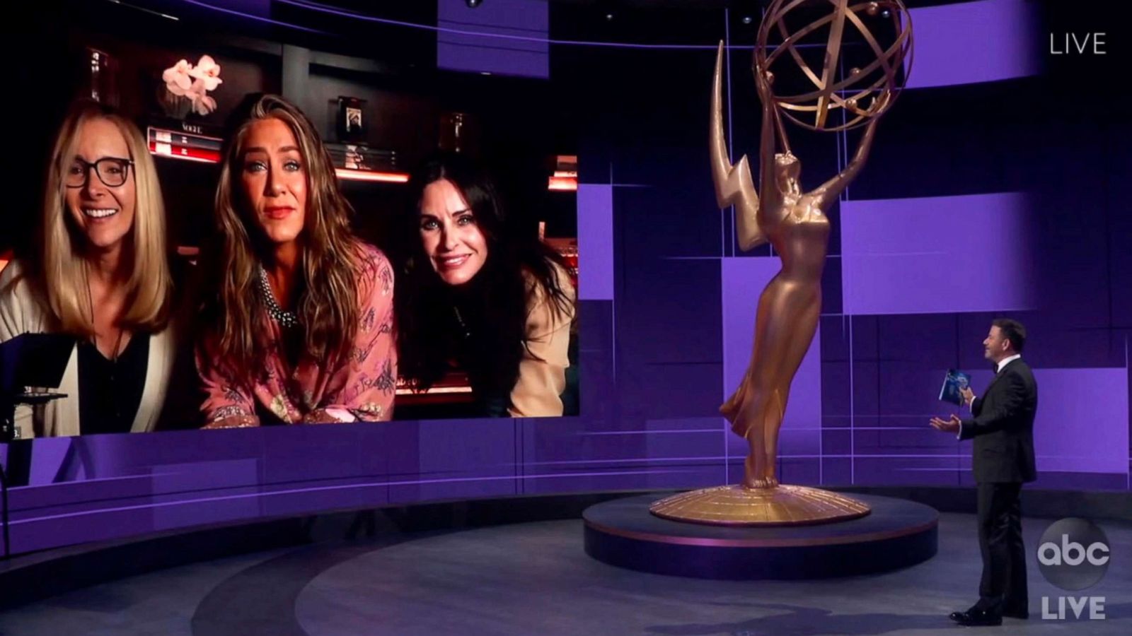 PHOTO: In this video grab, Jimmy Kimmel speaks with actors Lisa Kudrow, Jennifer Aniston and Courteney Cox during the 72nd Emmy Awards broadcast on ABC, Sept. 20, 2020.