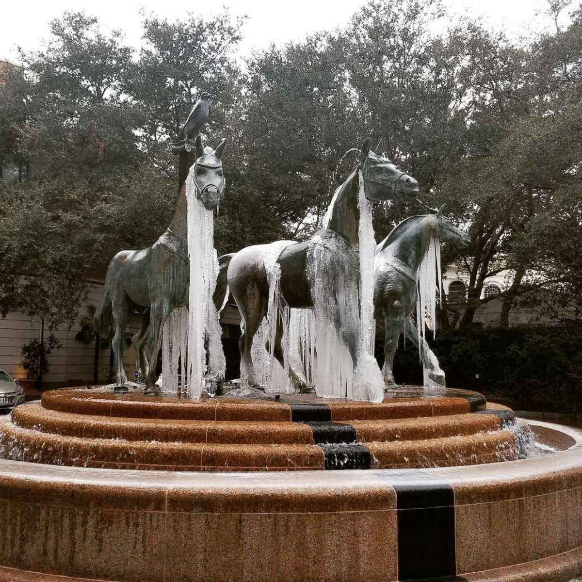 PHOTO: Ice drapes from the fountain at Belmond Charleston Place, Jan. 3, 2018, in Charleston, S.C.