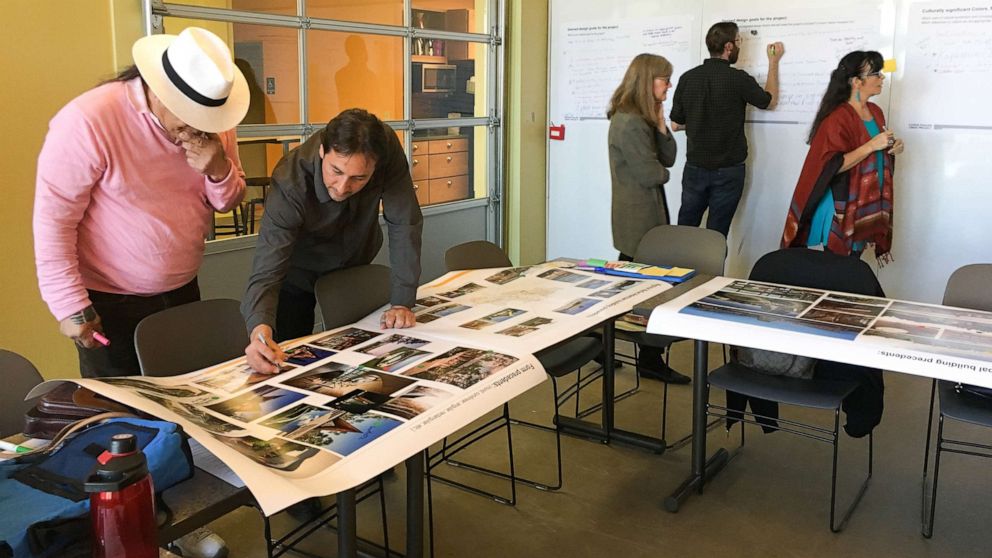 PHOTO: Sam Olbekson discusses ideas for the design of the new Wakan Tipi Center in Saint Paul, Minnesota, while some community members write responses to questions about their design goals and culturally significant colors.