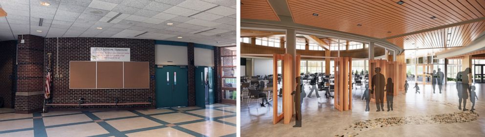 PHOTO: Image of the Saint Paul American Indian Magnet School before its renovation (left) and a rendering of the new design (right).