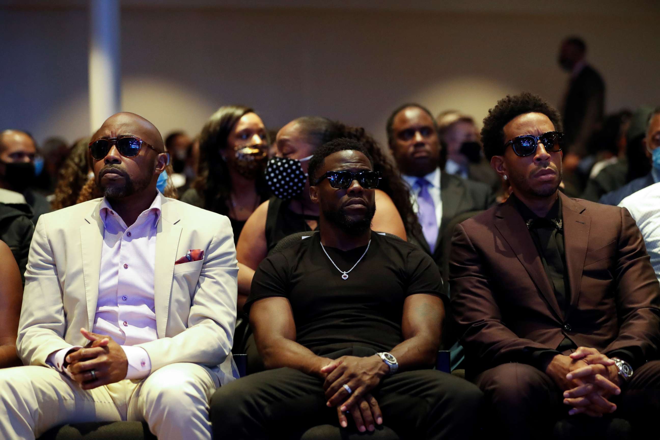 PHOTO: Actor Kevin Hart and musician Ludacris are seen during a memorial service for George Floyd following his death in Minneapolis police custody, in Minneapolis, Minnesota, June 4, 2020.