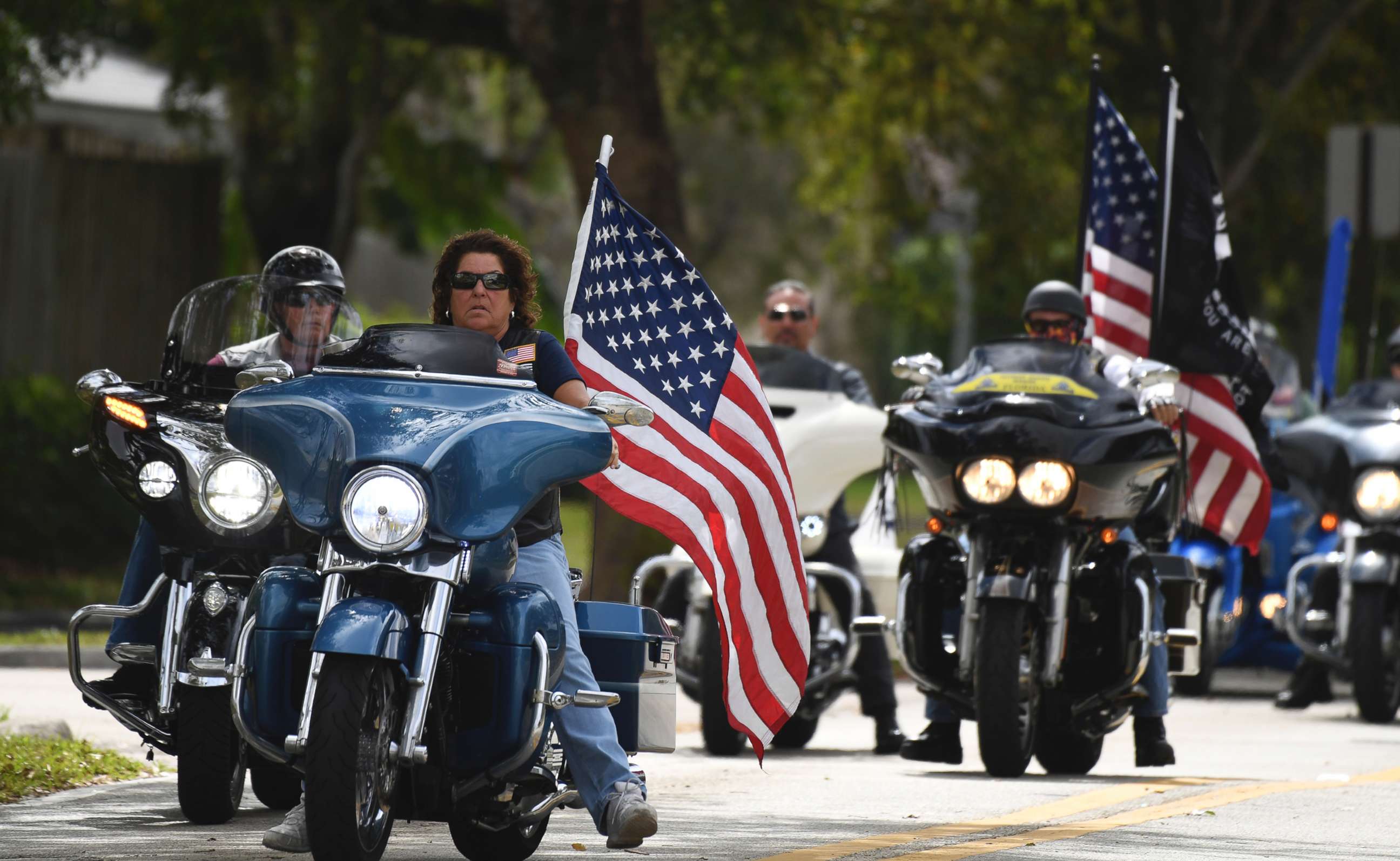 PHOTO: Members of the Florida state patriot guard riders arrive at the funeral services for slain Marjory Stoneman Douglas student Carmen Schentrup, Feb. 20, 2018, at St. Andrews Catholic Church in Coral Springs, Fla. 
