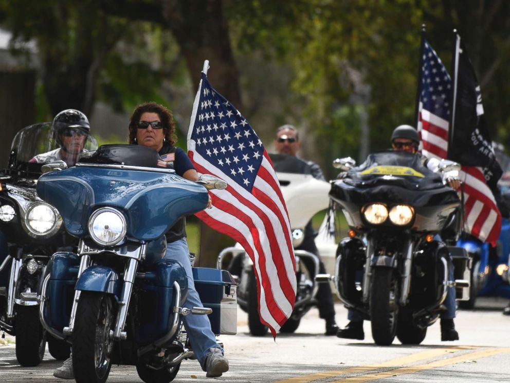 PHOTO: Members of the Florida state patriot guard riders arrive at the funeral services for slain Marjory Stoneman Douglas student Carmen Schentrup, Feb. 20, 2018, at St. Andrews Catholic Church in Coral Springs, Fla.